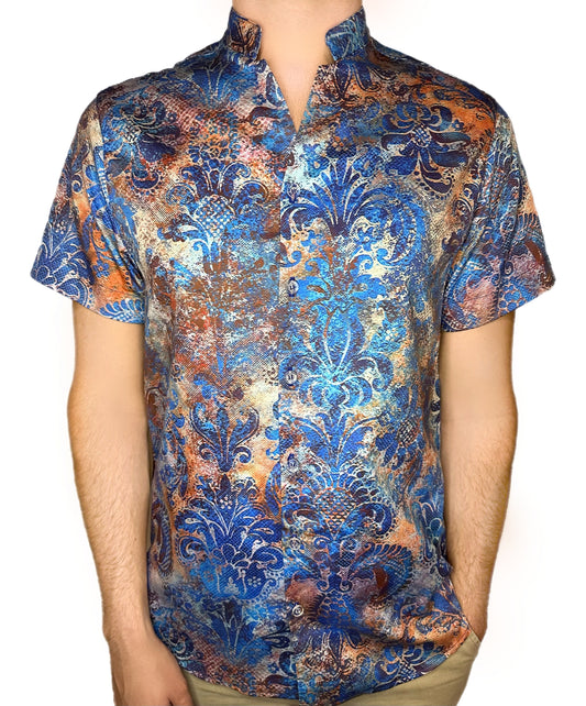 Floral Damask Short Sleeve Button Down Shirt